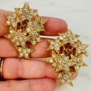Vintage 80s Star Cluster Earrings Clip On Crystal Disco Glam Articulated Dangle